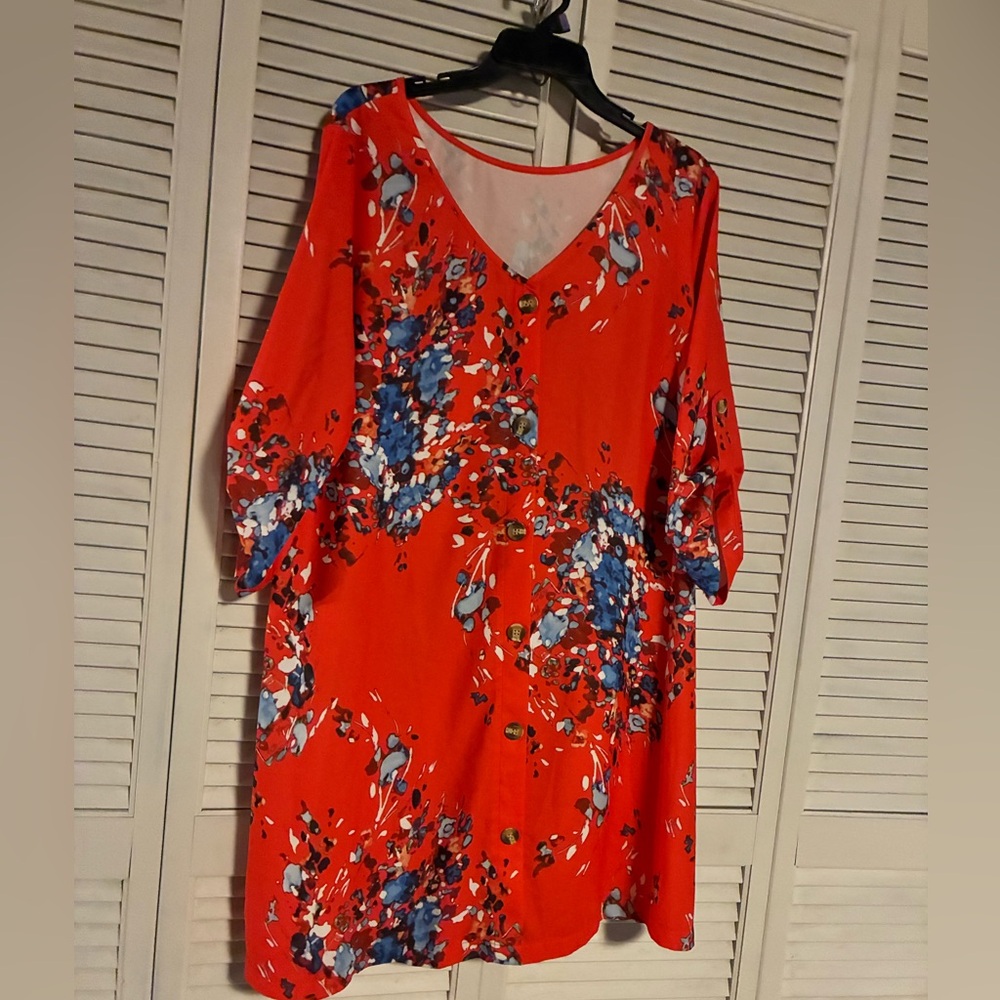 Floral Long Sleeve Dress in Vibrant Orange and Blue